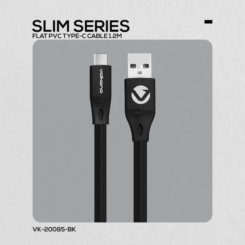 Volkano Slim Series Flat PVC Type-C Cable 1.2m - Black
