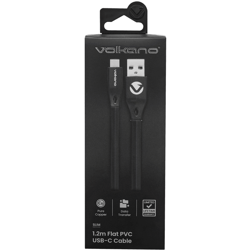 Volkano Slim Series Flat PVC Type-C Cable 1.2m - Black