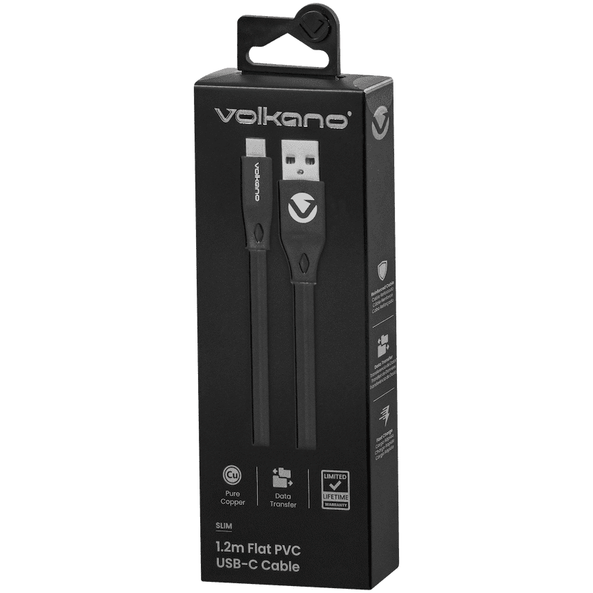 Volkano Slim Series Flat PVC Type-C Cable 1.2m - Black
