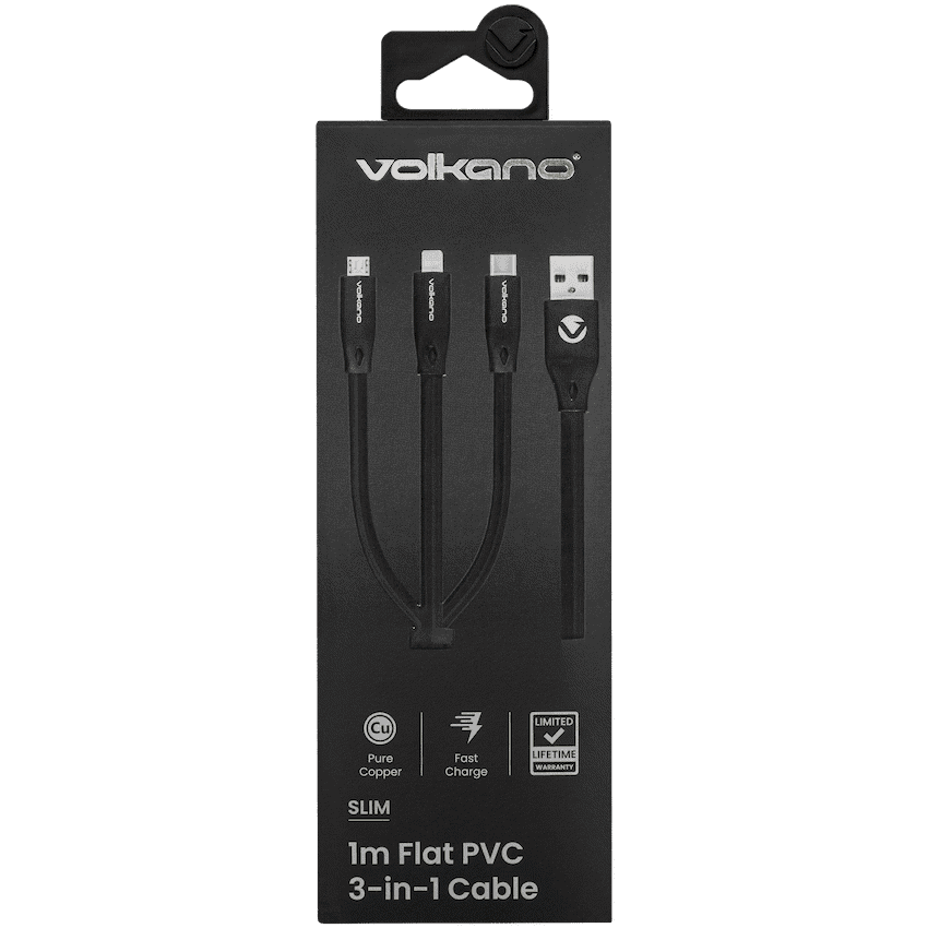 Volkano Slim Series Flat PVC 3-in-1 (Type-C / Lightning / Micro) Cable 30W 1m- Black