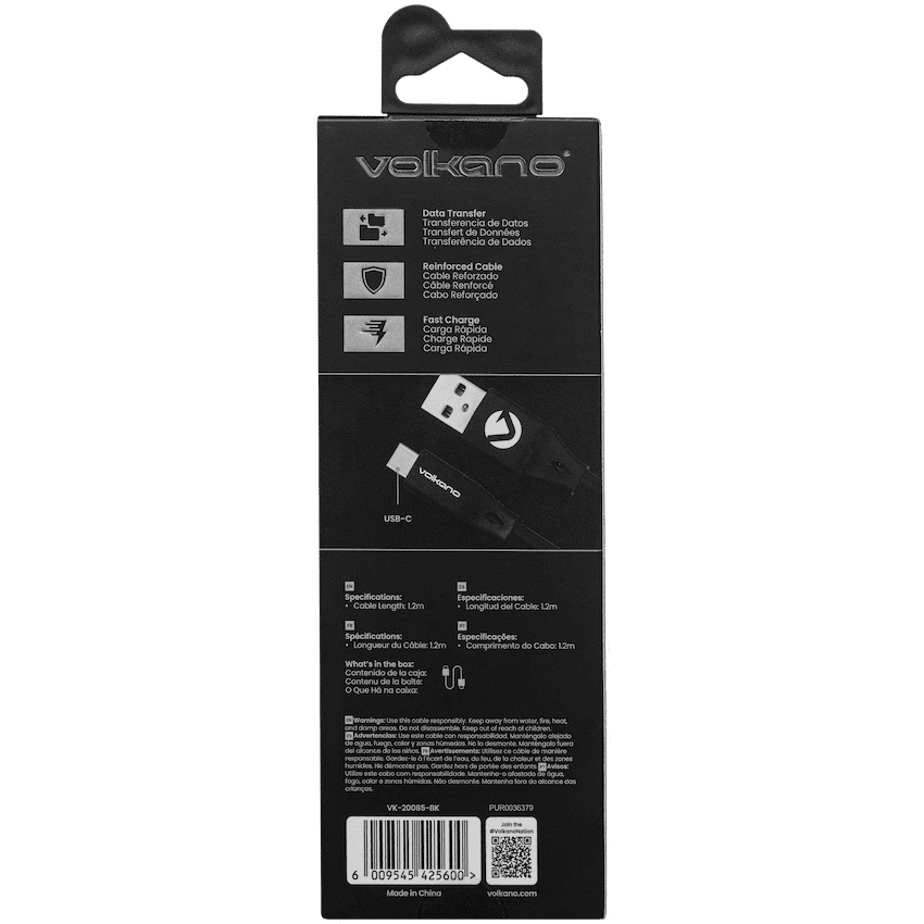 Volkano Slim Series Flat PVC Type-C Cable 1.2m - Black