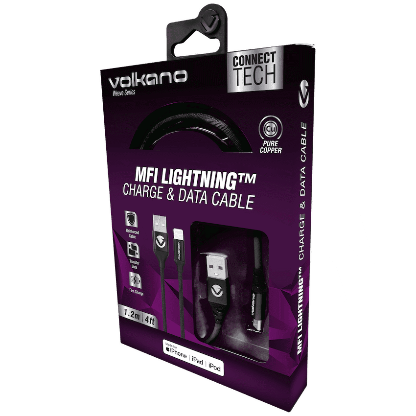 Volkano Weave Series Fabric Braided MFI Lightning Cable 27W 1.2m - Black