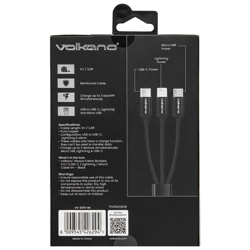 Volkano Weave Series Fabric Braided 3-in-1 (Type-C/Lightning/Micro) Cable 1m - Black