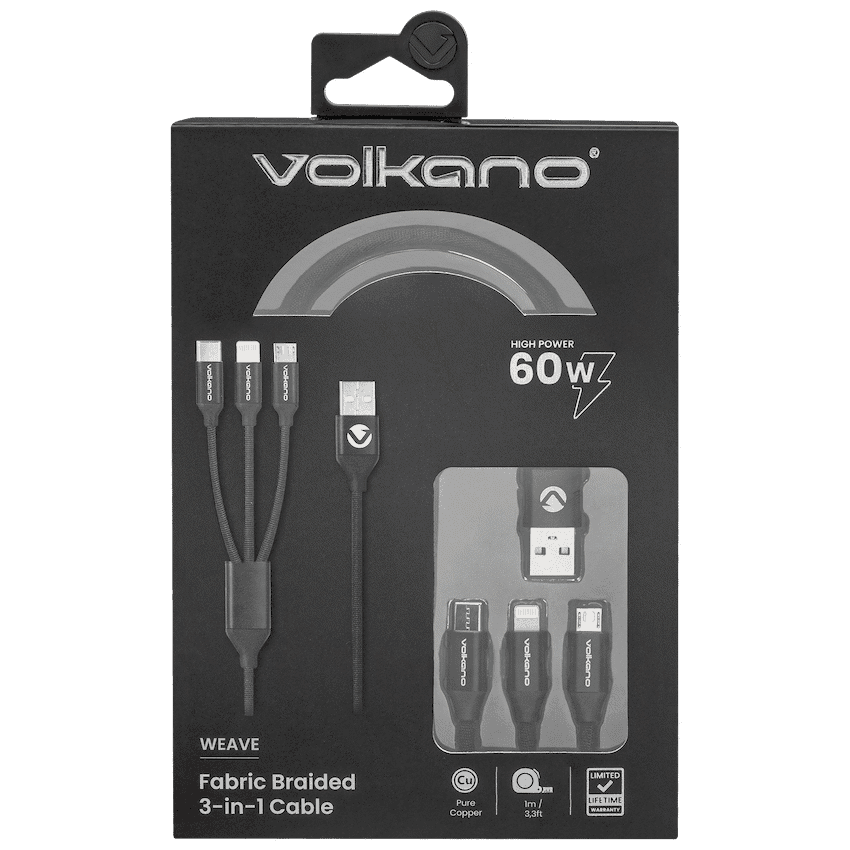 Volkano Weave Series Fabric Braided 3-in-1 (Type-C/Lightning/Micro) Cable 1m - Black