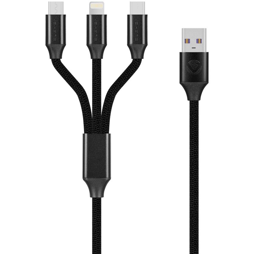 Volkano Weave Series Fabric Braided 3-in-1 (Type-C/Lightning/Micro) Cable 1m - Black