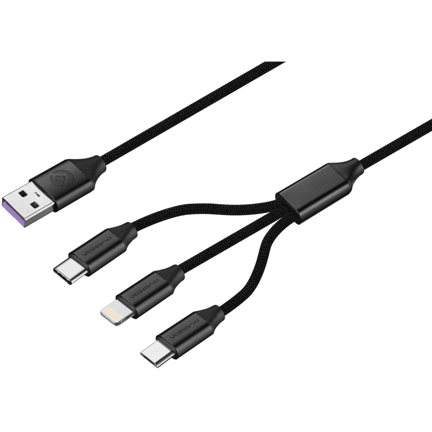 Volkano Weave Series Fabric Braided 3-in-1 (Type-C/Lightning/Micro) Cable 1m - Black