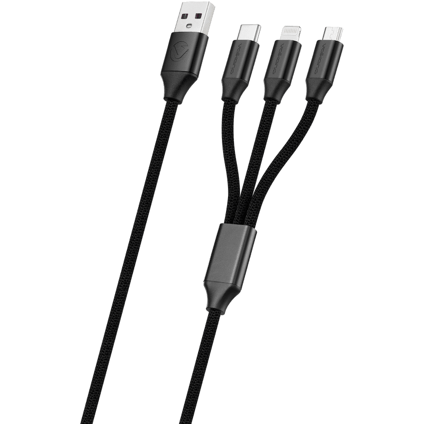 Volkano Weave Series Fabric Braided 3-in-1 (Type-C/Lightning/Micro) Cable 1m - Black