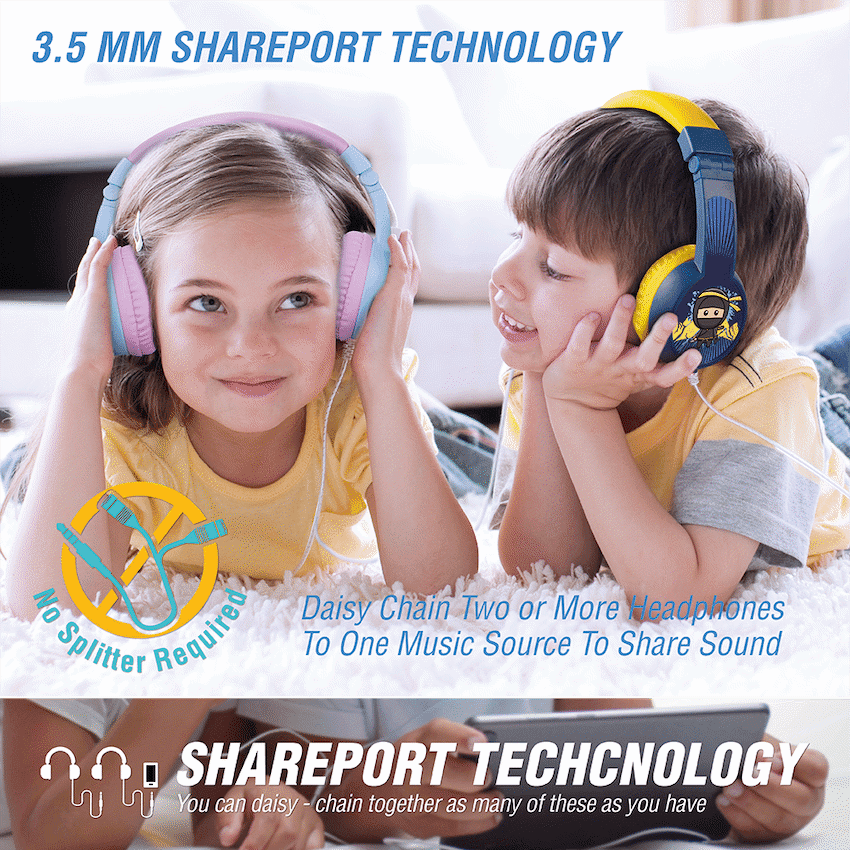 Volkano Sidekick Series Wired Kiddies Headphones with Share Port - Yellow/Blue