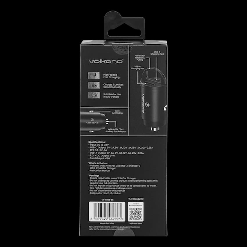 Volkano Veilix Series 45w PD Dual USB-A and USB-C Ultra Small Car Charger - Black