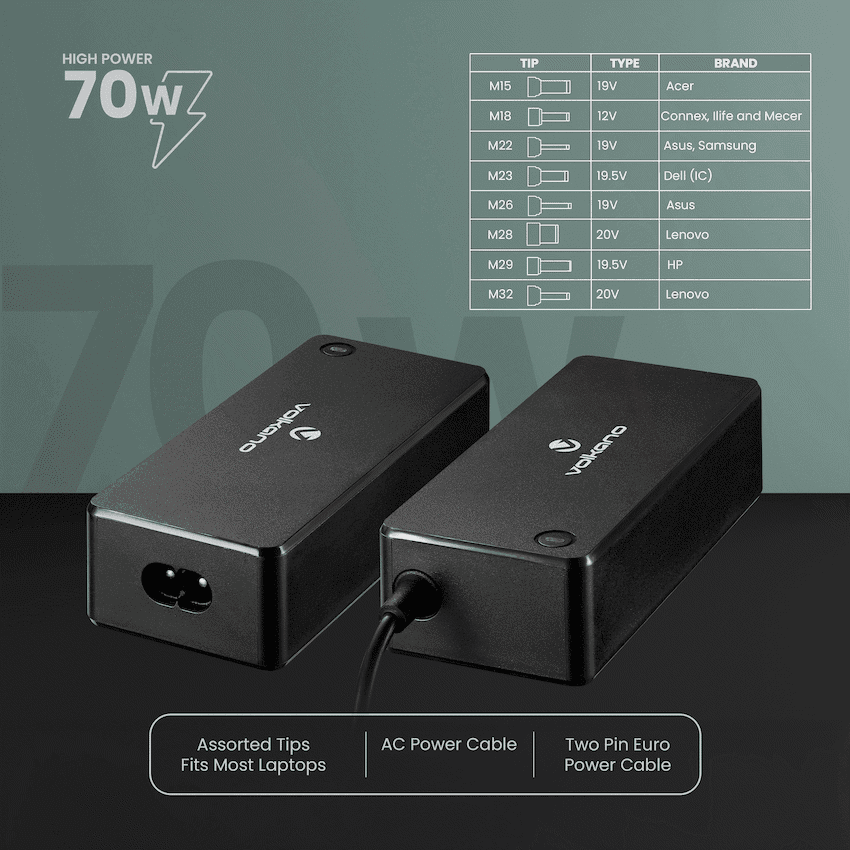 Volkano Omni Plus Universal 70W laptop charger with 12V out