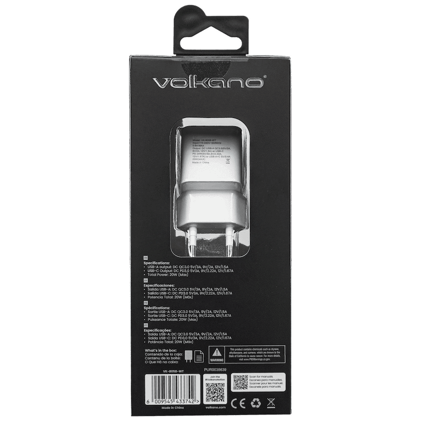 Volkano Dyna Duo 20w PD + QC 3.0 Wall Charger