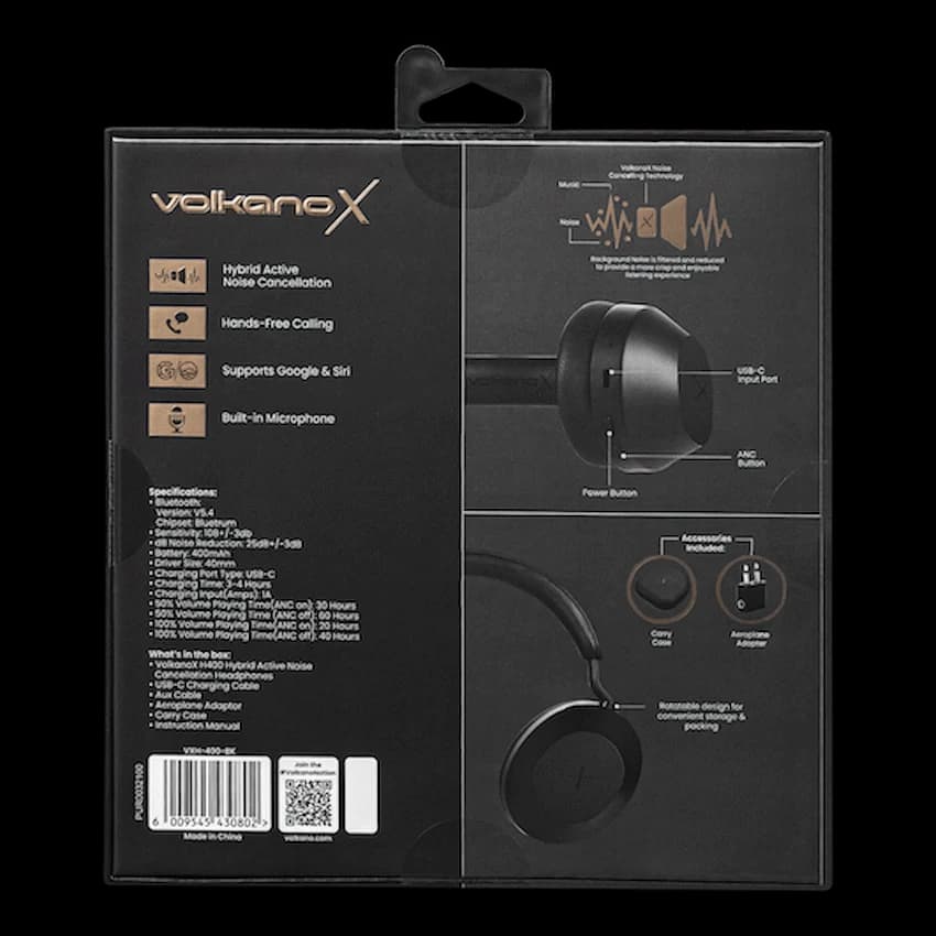 VolkanoX H400 Hybrid Active Noise Cancellation Headphones - Black