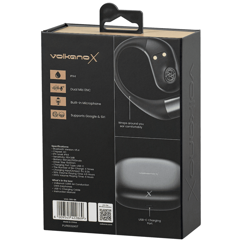 VolkanoX O300 Air Conduction OWS Earphones - Black