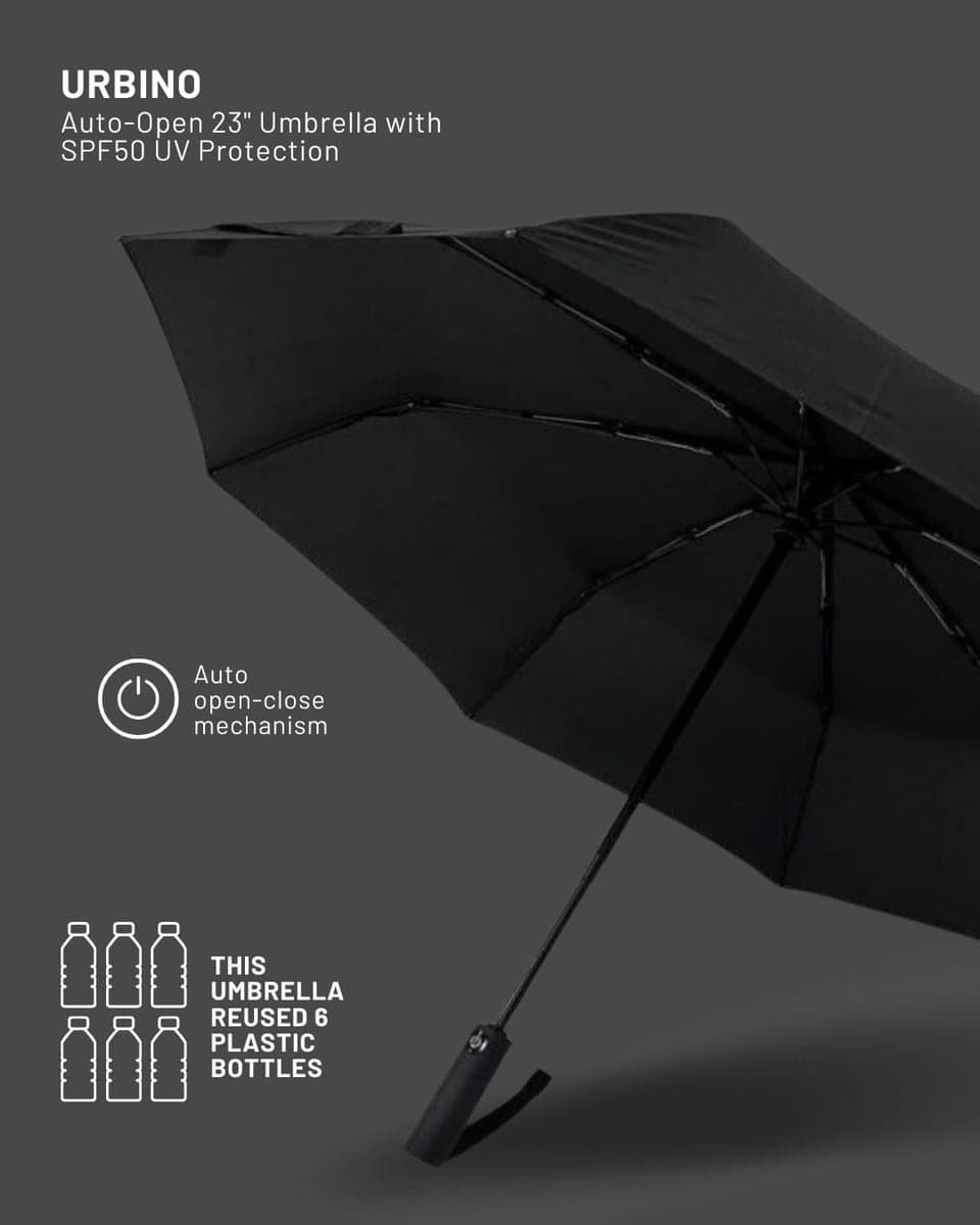 URBINO - Santhome RPET Auto-Open 23" Umbrella with SPF50 UV Protection - Black