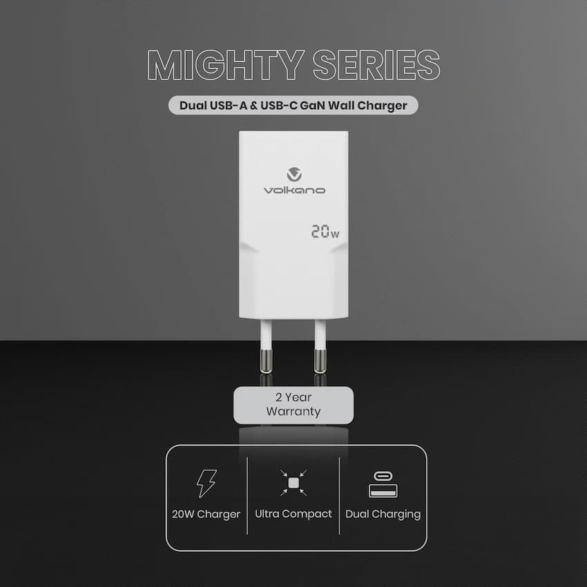 Volkano Mighty Series 20w Dual USB-A & USB-C GaN Wall Charger