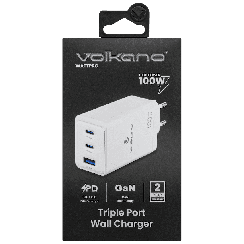 Volkano WattPro Series Triple Port 100W GanN Wall Charger - White