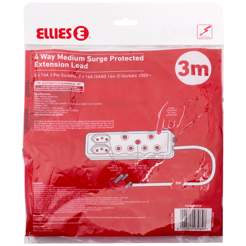 Ellies 4 Way Medium Surge Extension Lead -3M