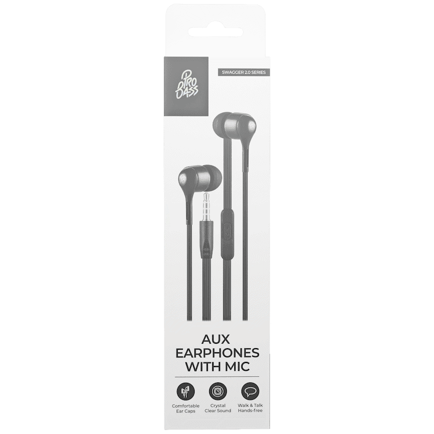 Pro Bass Swagger 2.0 Series - Boxed Auxiliary Earphone with Mic - Black
