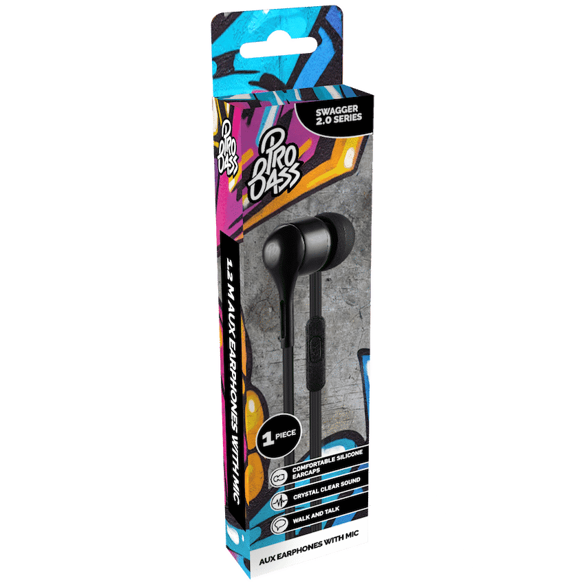Pro Bass Swagger 2.0 Series - Boxed Auxiliary Earphone with Mic - Black