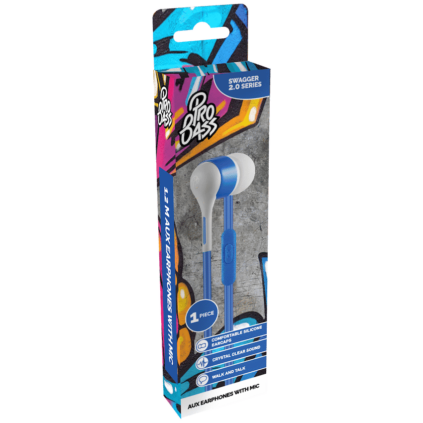 Pro Bass Swagger 2.0 Series - Boxed Auxiliary Earphone with Mic - Blue