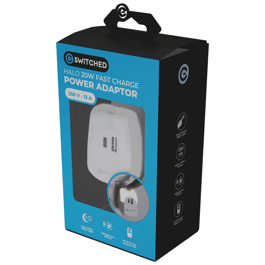 Switched Halo Fast Charge Power Adaptor, USB and Type-C Ports, Output 20w - Soft Touch Night Light