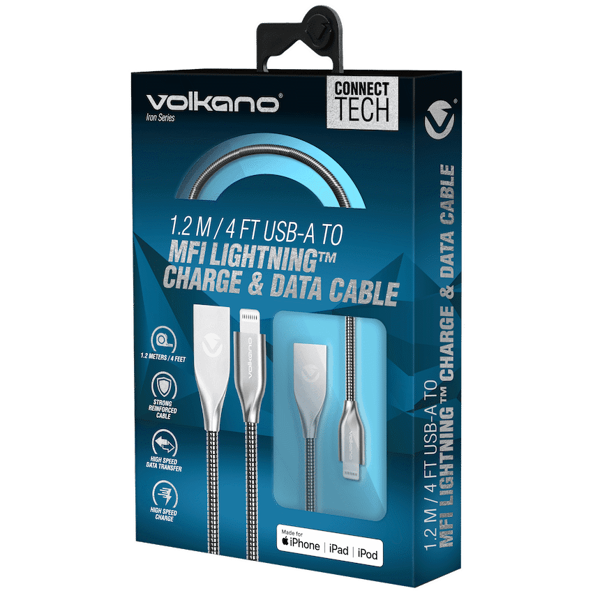 Volkano Iron Series Round Metallic Spring MFI Lightning Cable 1.2m - Silver
