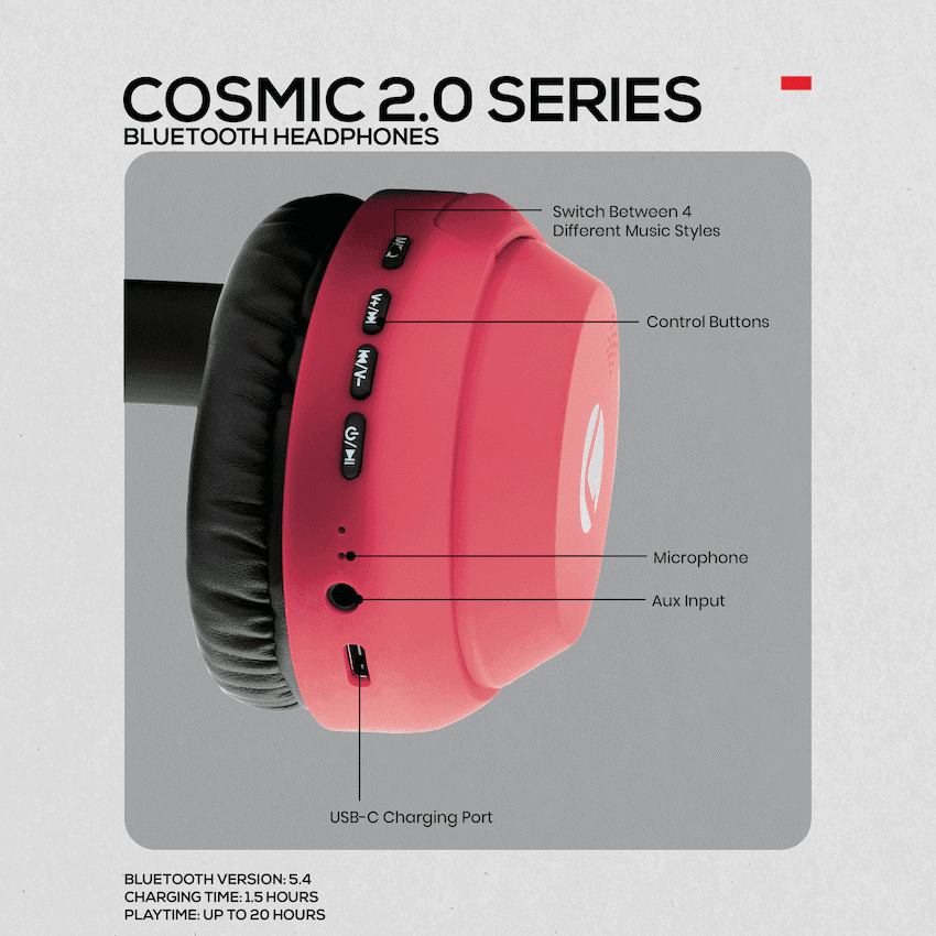 Volkano Cosmic 2 Series Bluetooth Headphones - Red