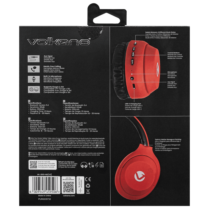 Volkano Cosmic 2 Series Bluetooth Headphones - Red