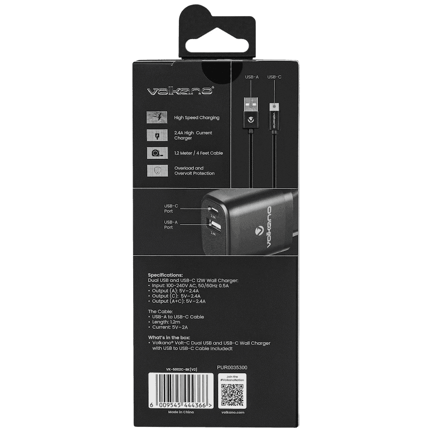 Volkano Volt-C Series Dual USB and USB-C Wall Charger with USB to USB-C Cable Included