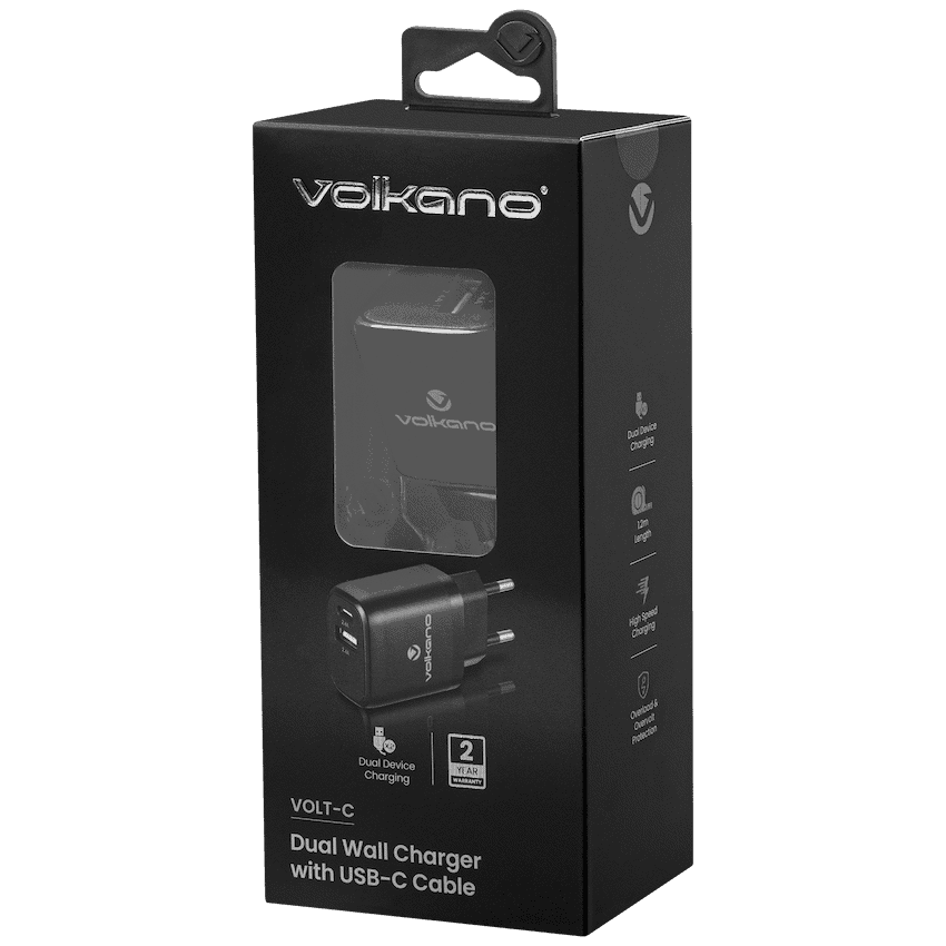 Volkano Volt-C Series Dual USB and USB-C Wall Charger with USB to USB-C Cable Included
