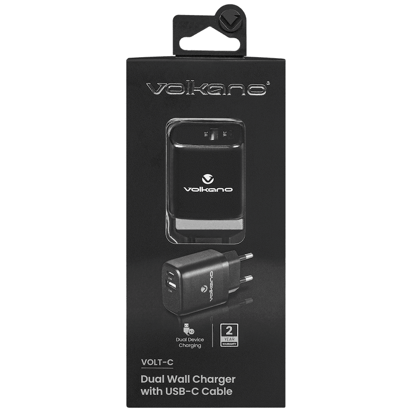 Volkano Volt-C Series Dual USB and USB-C Wall Charger with USB to USB-C Cable Included