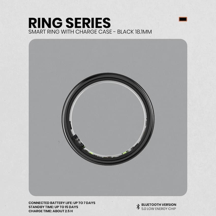 Volkano Ring Series Smart Ring with Charge Case - Black 18.1mm