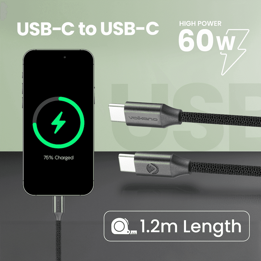 Volkano Weave Series Type-C to Type-C Cable (1.2m, 60w) - Black