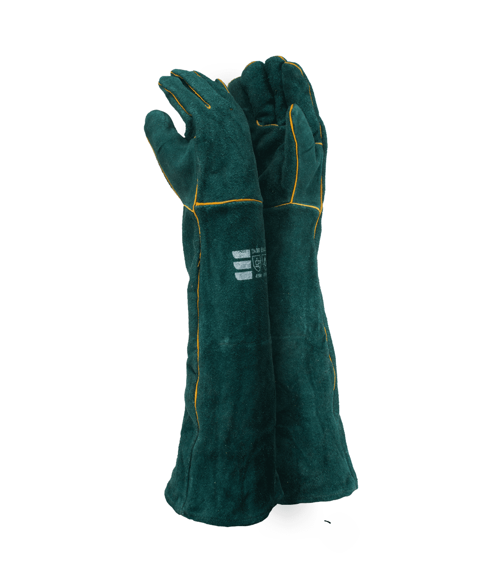 Green Leather Fully Welted Lined Gloves – 40cm Cuff