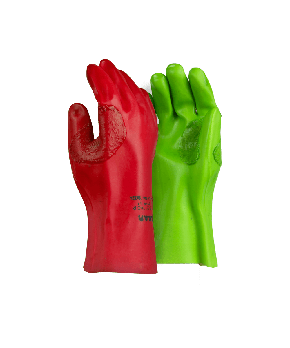 Red Left & Green Right PVC Reinforced Miner’s Gloves – 27cm