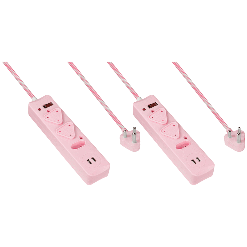2x 3 Way Surge  Multiplug with Dual  USBs   Pink-0.5M