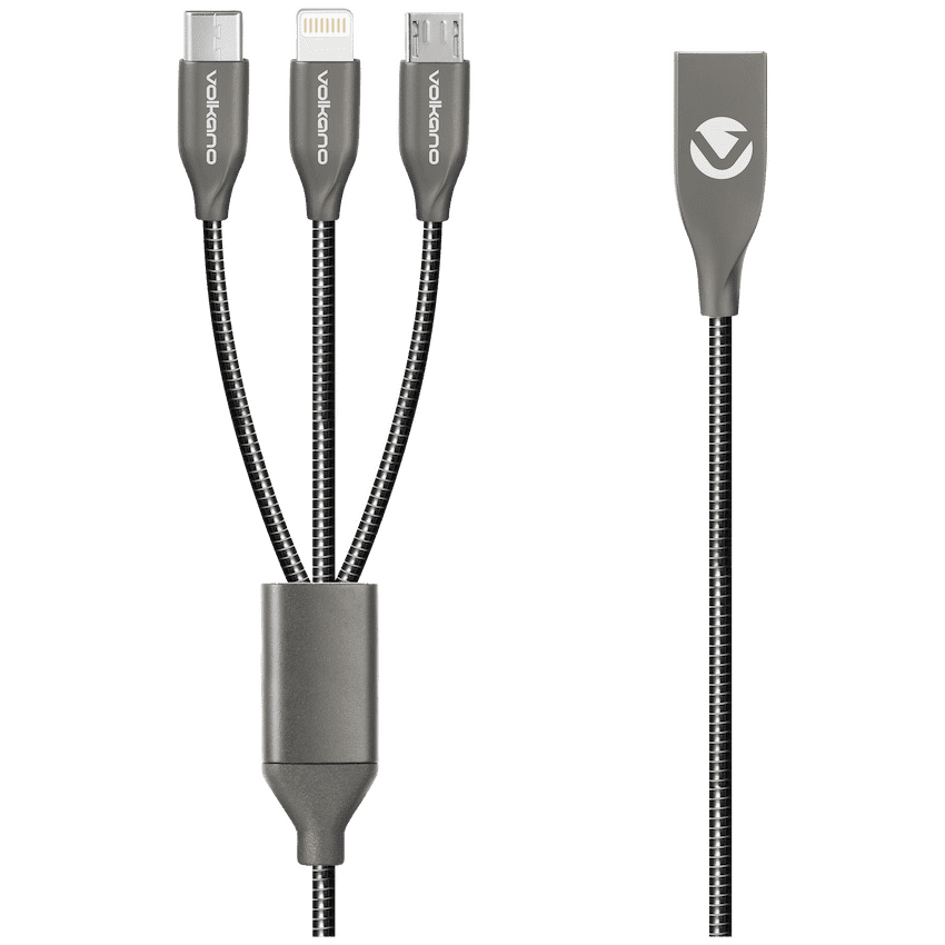Volkano Iron Series Round Metallic Spring 3-in-1 (Type-C/Lightning/Micro) Cable 1m – Black