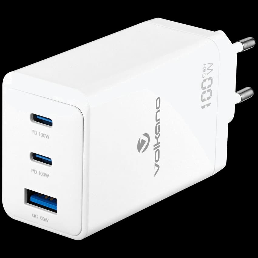 Volkano WattPro Series Triple Port 100W GanN Wall Charger – White
