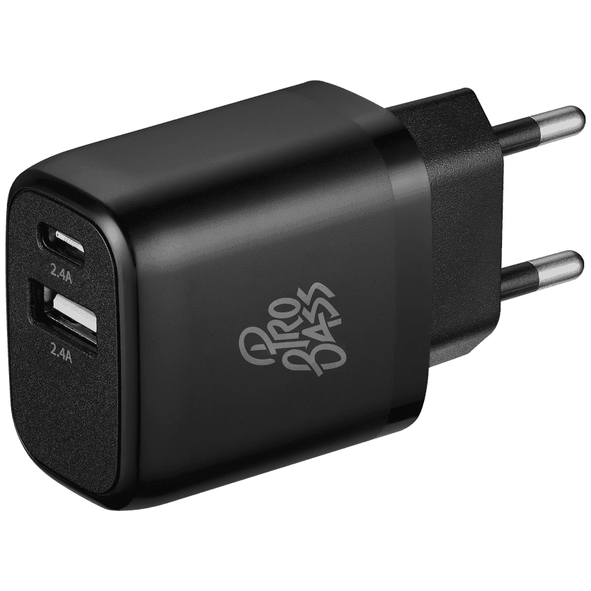 Pro Bass PowerCharge Series 12w Dual USB and Type-C Wall Charger – Black