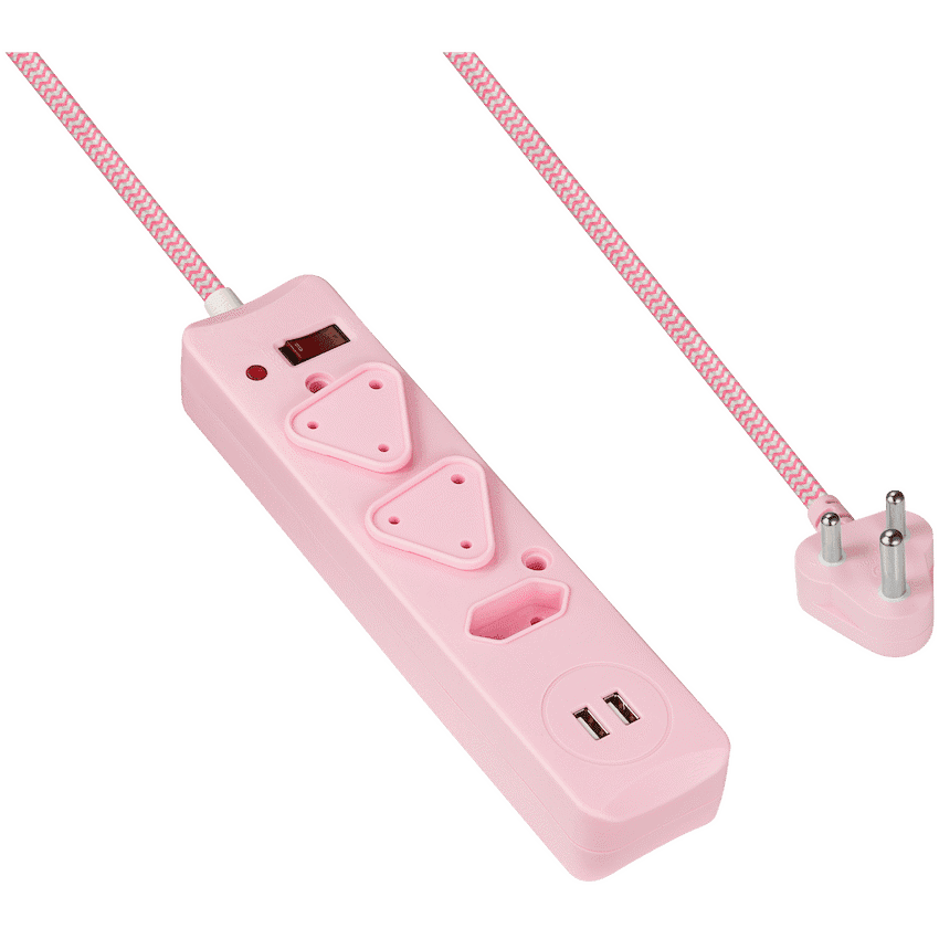 Switched 3-Way Surge-Protected Multiplug with Dual 2.4a USB Ports 3m Braided Cord