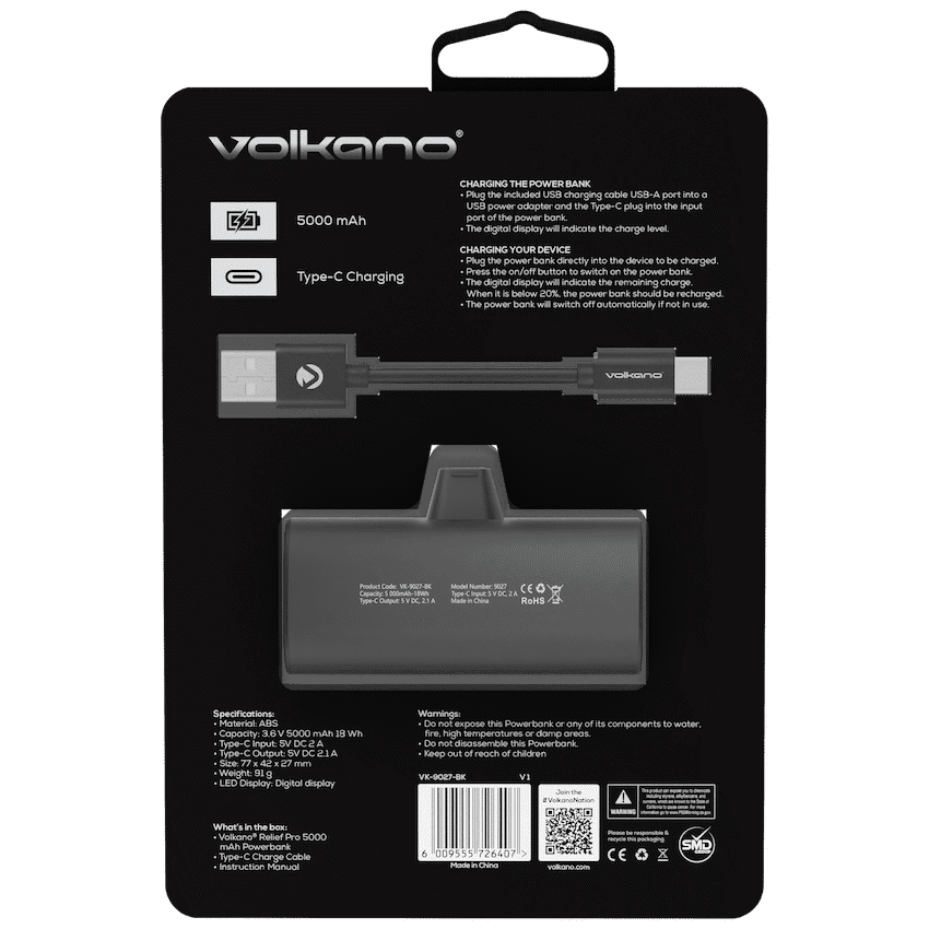 Volkano Relief Pro Power Bank - 5000mah Type-C Direct Plug-in