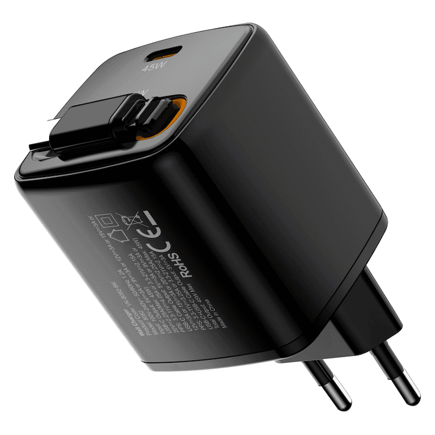 Volkano Sleek Series Fast Wall Charger 45W USB-C with Built-in Retractable 75cm Cable - Black