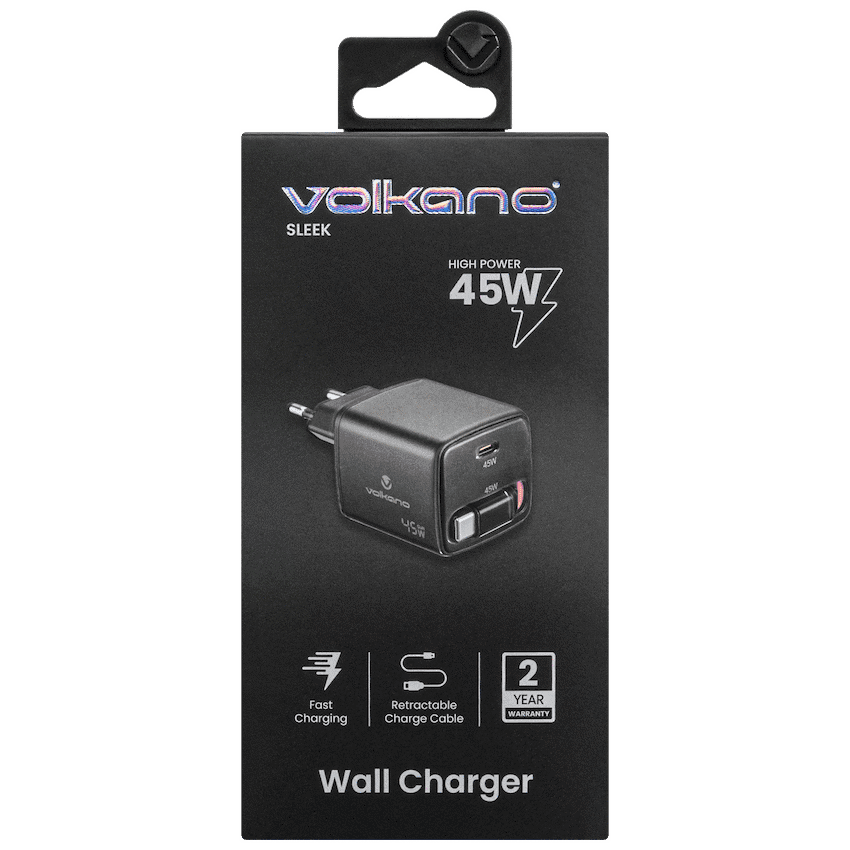 Volkano Sleek Series Fast Wall Charger 45W USB-C with Built-in Retractable 75cm Cable - Black