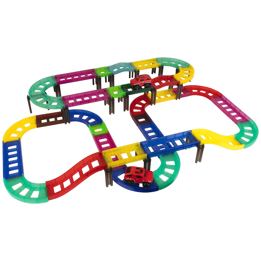 Edu-Matic Mini-Mag Magnetic Tile Tracks with 2 Cars and 93 Pieces