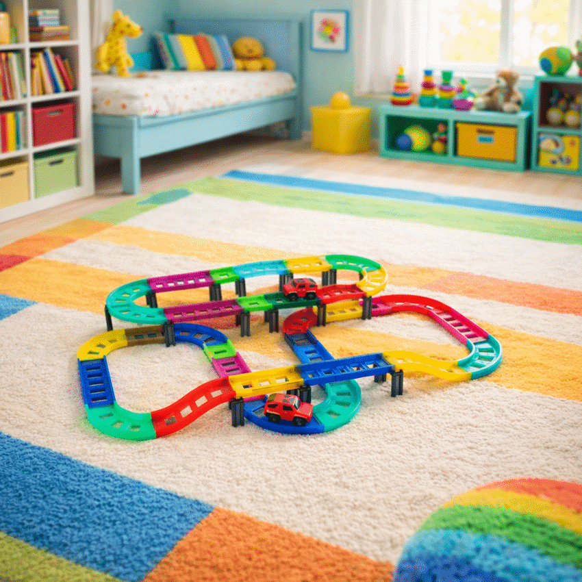 Edu-Matic Mini-Mag Magnetic Tile Tracks with 2 Cars and 93 Pieces