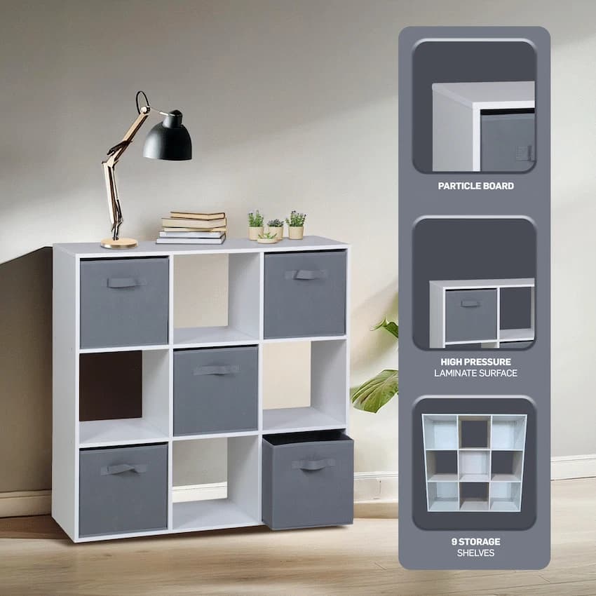 Everfurn Ninefold Bookshelf with 5 Storage Bins