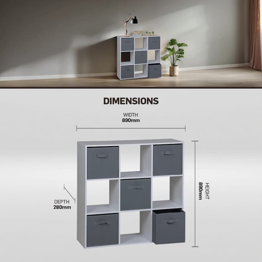 Everfurn Ninefold Bookshelf with 5 Storage Bins