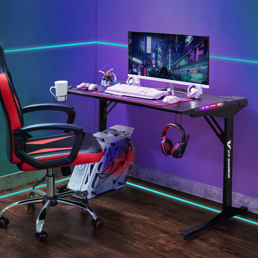 Fortress Gaming Desk with RGB Lights, Cup Holder