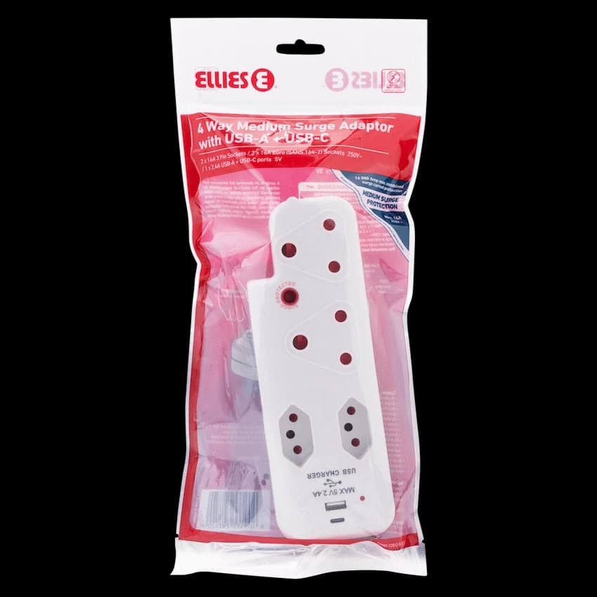 Ellies  4 Way Medium Surge adaptor with type C + USB
