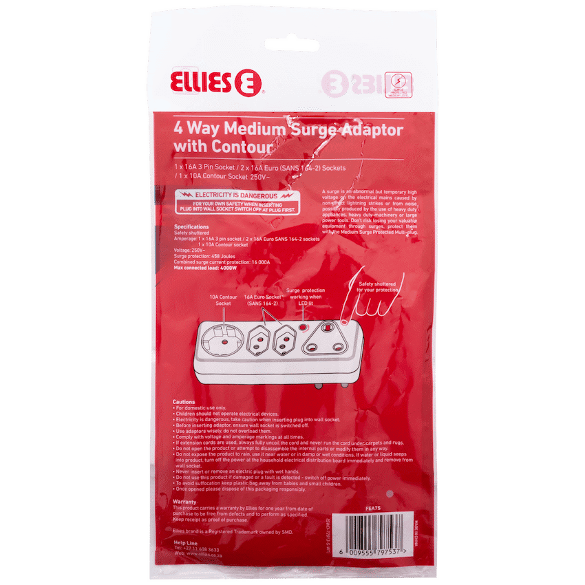 Ellies 4-Way Medium Surge Adaptor with Schuko - White